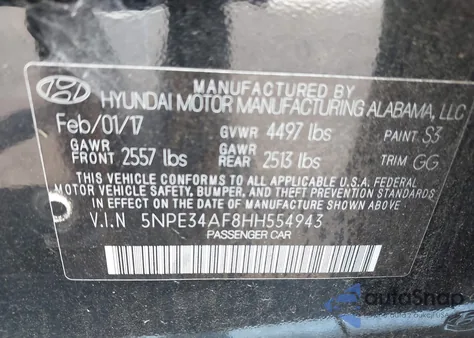 2017 Hyundai Sonata Sport из США, поврежденный, VIN 5NPE34AF8HH554943